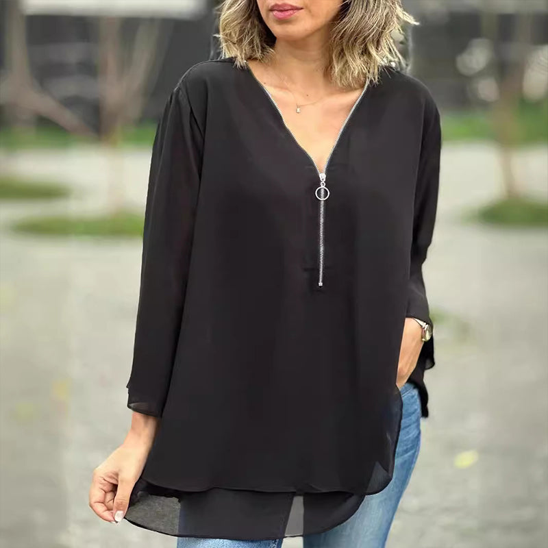 HEIDI- V-Neck Flowy Zipped Top