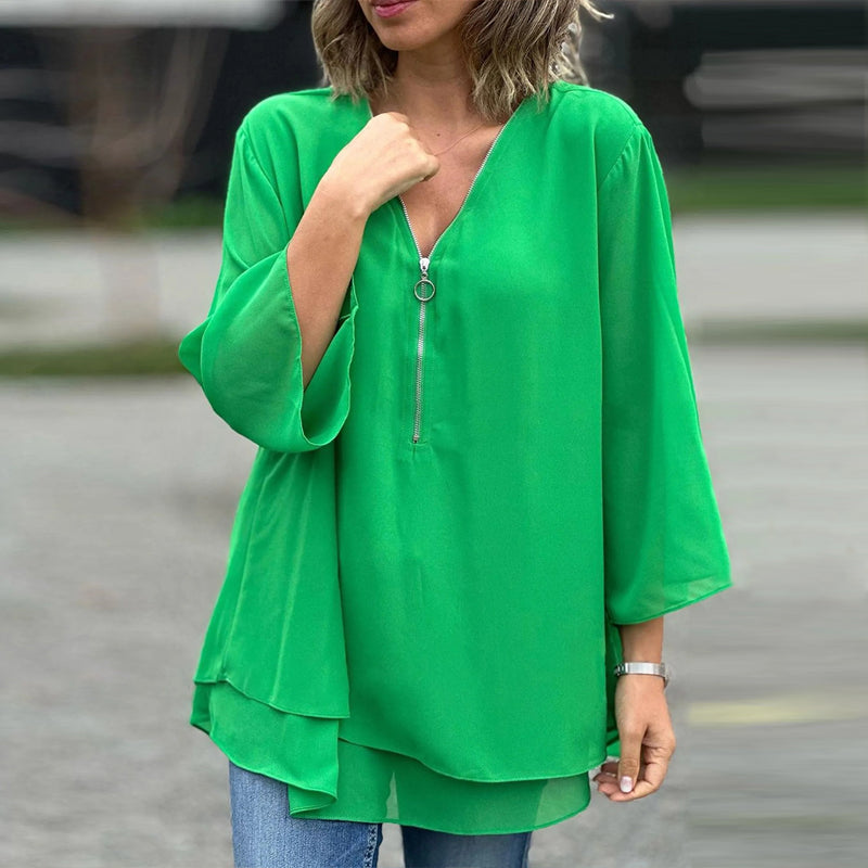 HEIDI- V-Neck Flowy Zipped Top