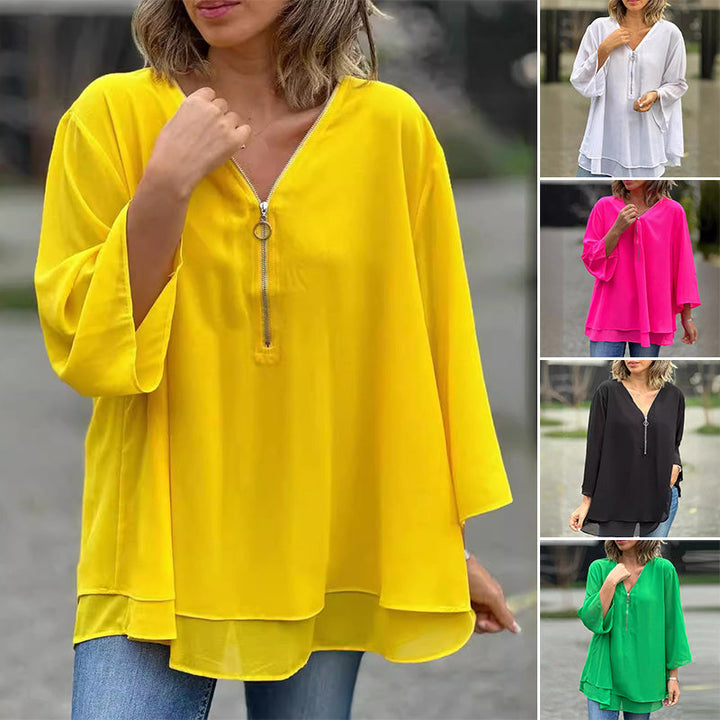 HEIDI- V-Neck Flowy Zipped Top